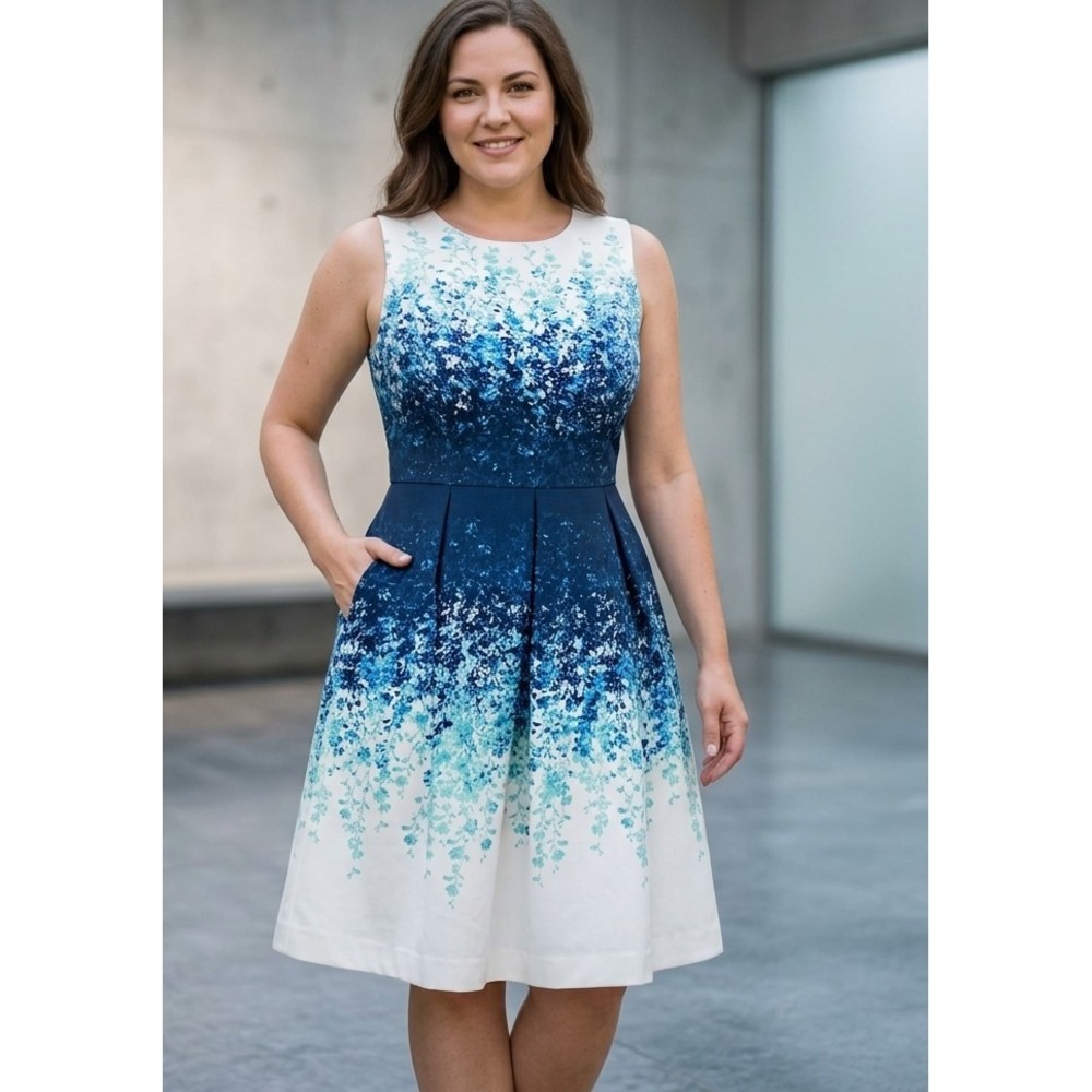 Luxe by Carmen Marc Valvo Blue Floral Ombre Fit Flare Dress Pockets 14W